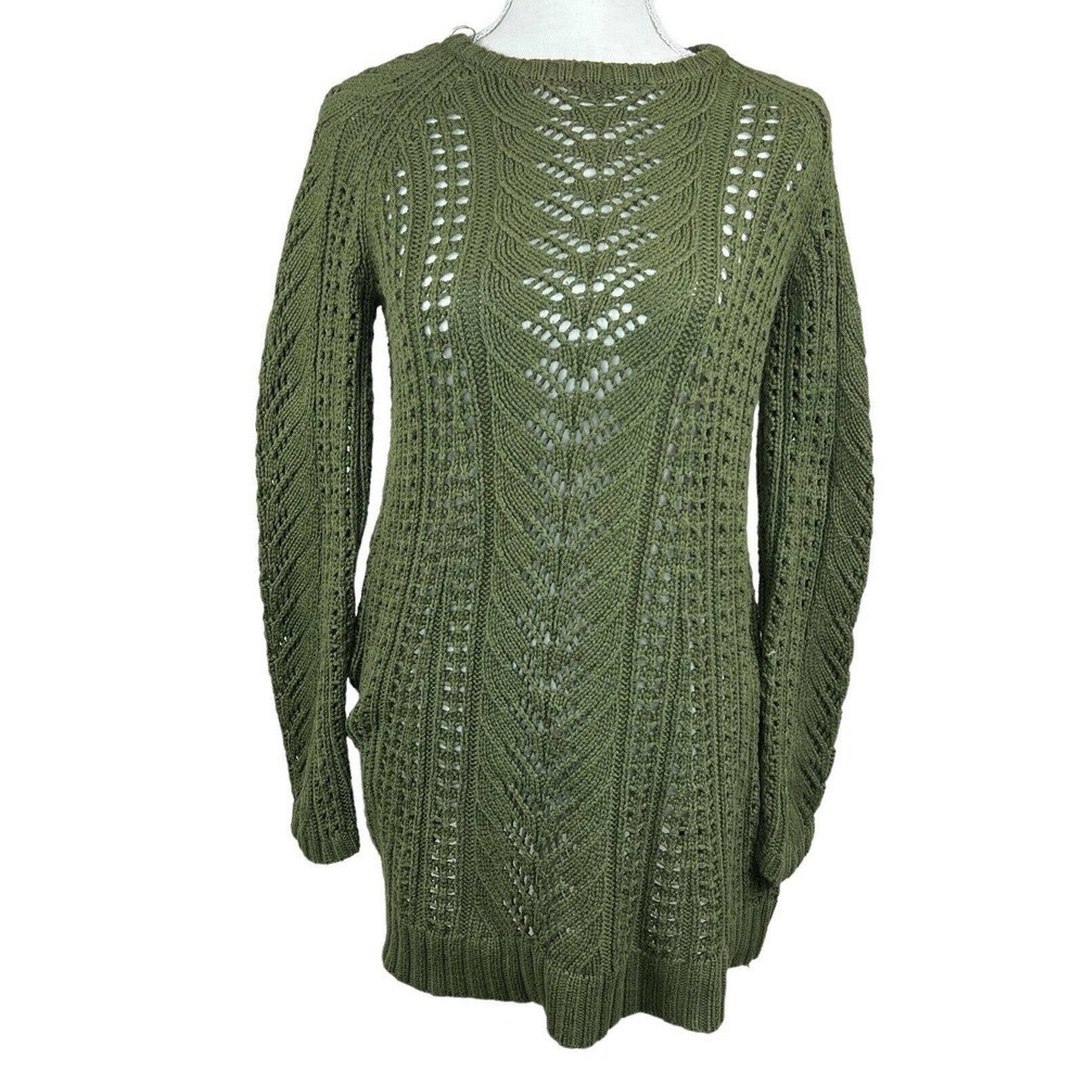 J Jill Olive Green Cable Knit Tunic Sweater Sz XS Pointelle Knit Raglan
